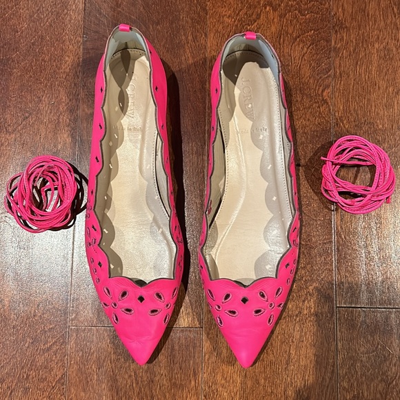 J Crew Lace-Up Leather Neon Pink Eyelet Pointed Toe Ballet Flats, Fit 9 1/2 - Picture 3 of 16